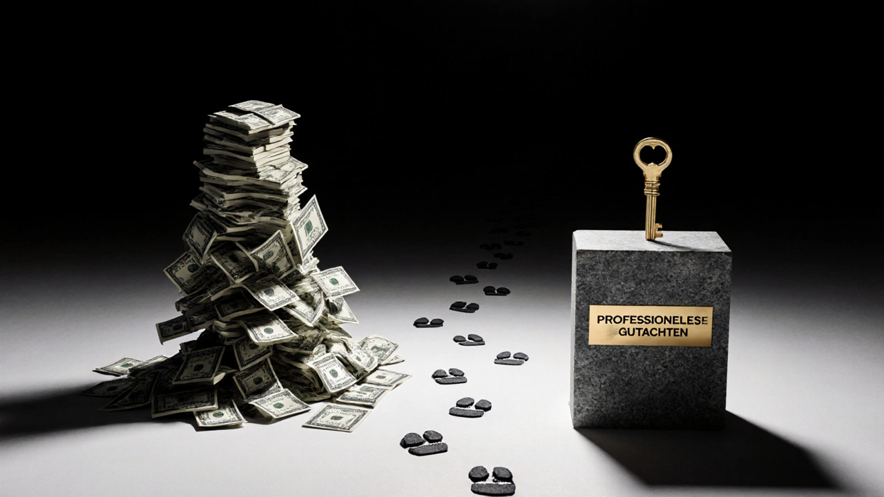 Goldener Schlüssel des professionellen Gutachtens über einem Haufen verlorener Geldscheine.