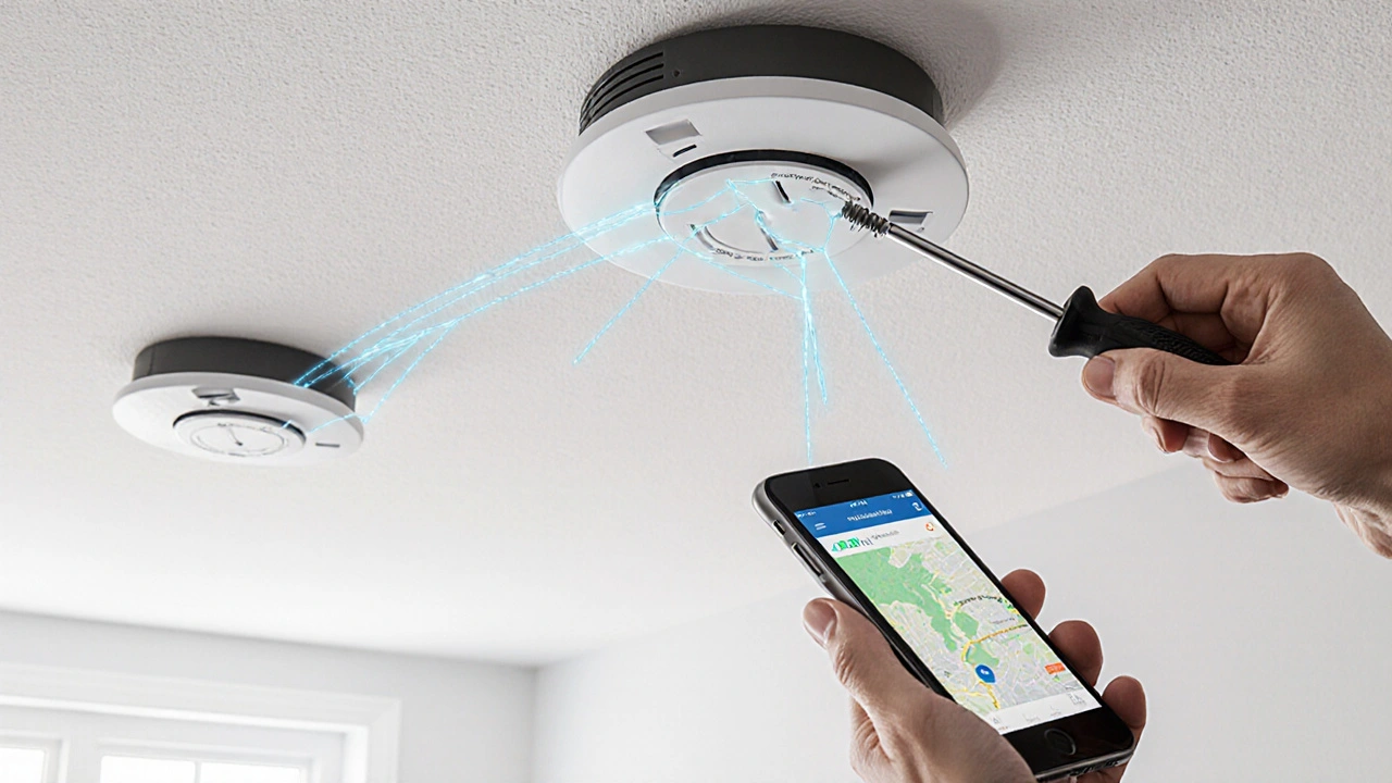 Hand installiert Rauchmelder, Smartphone zeigt Signalstärke zwischen mehreren Meldern in einem Mehrfamilienhaus.