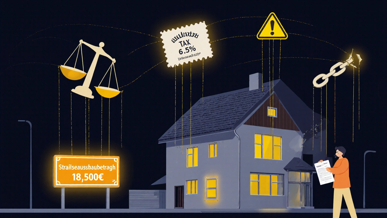Haus mit schwebenden Kosten-Icons wie Steuern, Grundschulden und Straßenausbaubeiträgen.