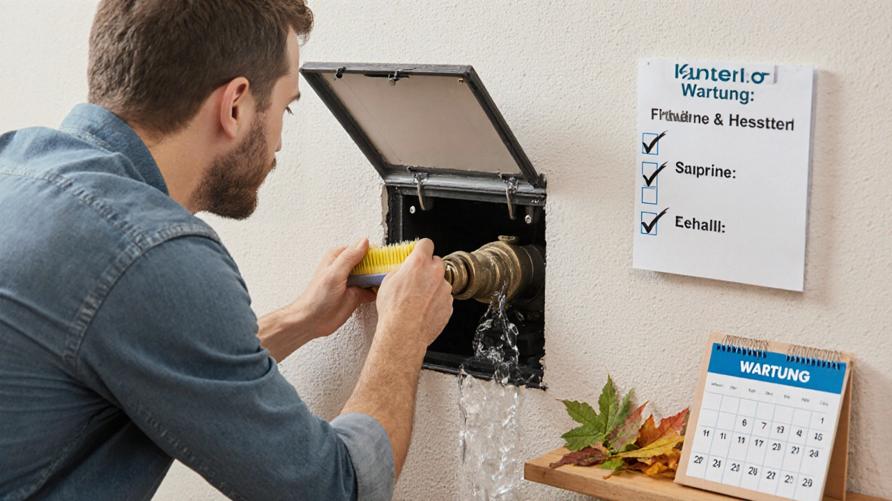 Hausbesitzer reinigt Rückstauklappe mit Bürste, Wartung im Keller.