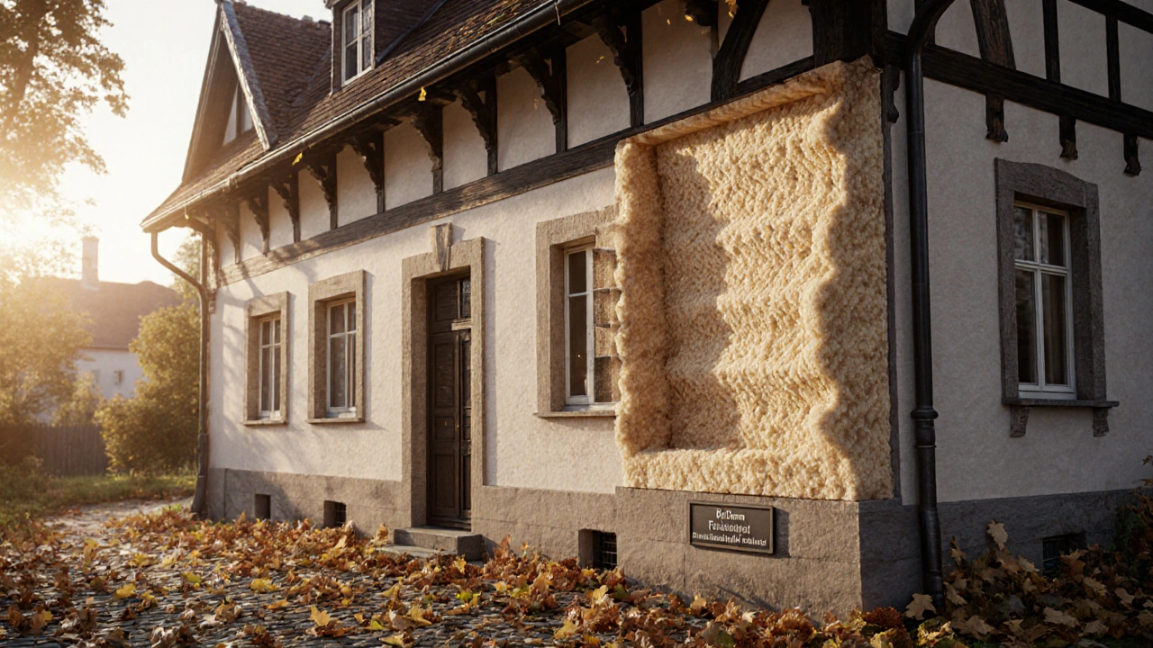 Historisches Haus mit natürlicher Holzfaser-Dämmung und herbstlichem Licht.