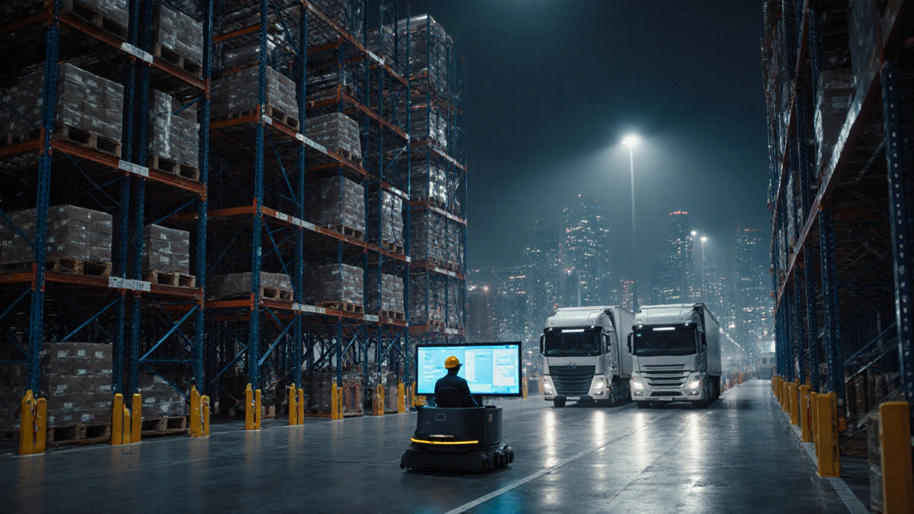 Hochautomatisiertes Verteilzentrum in München nachts mit AGVs und KI-Überwachungssystemen.