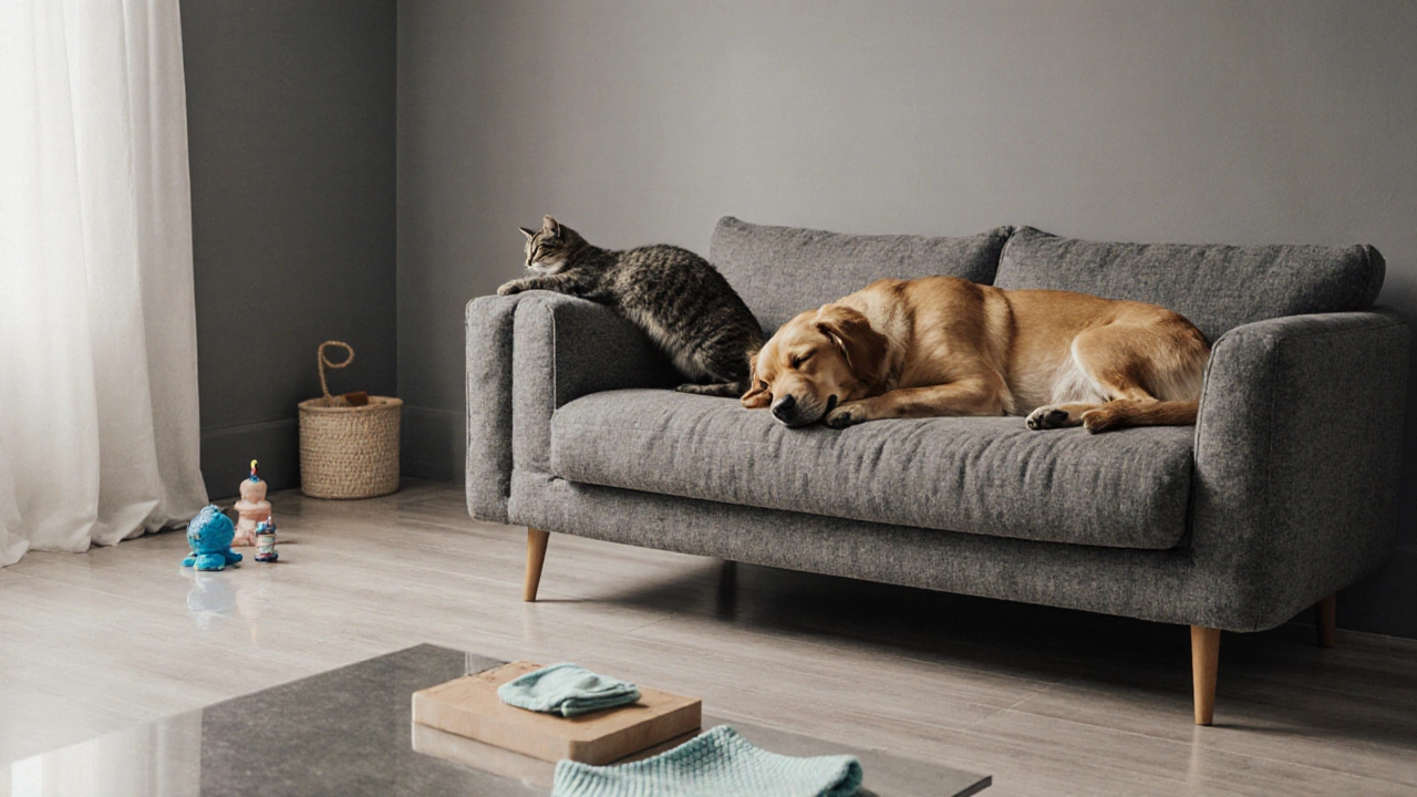 Hund schläft auf einem hochwertigen Mikrofaser-Sofa, Katze kratzt an der Armlehne – kein Haar oder Schaden sichtbar.