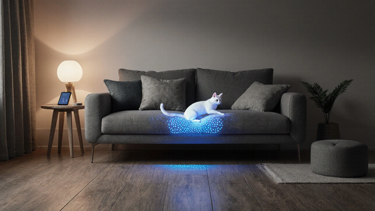 Intelligente Sofabezug mit Sensorsignal, recyceltes Gewebe und strukturiertes Vinylboden, minimalistisches Design.