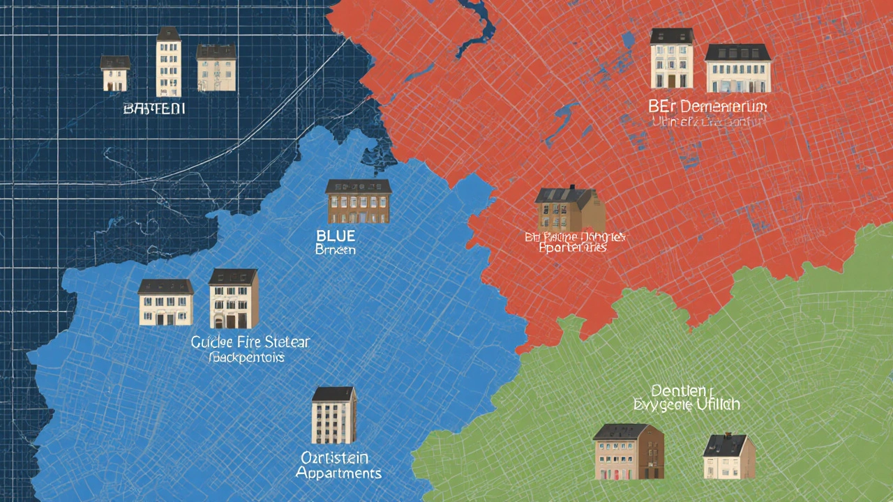 Karte Deutschlands mit farbigen Überlagerungen für Barrierefreiheit, Brandschutz und Energieeffizienz in drei Bundesländern.