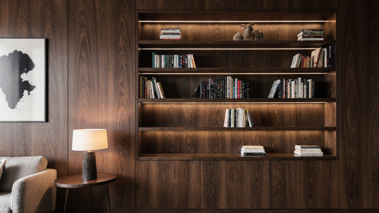 Mid-Century Bücherwand aus dunklem Nussbaum mit klaren Linien, Bücher nach Farbe sortiert, integrierte Beleuchtung und minimalistische Deko.