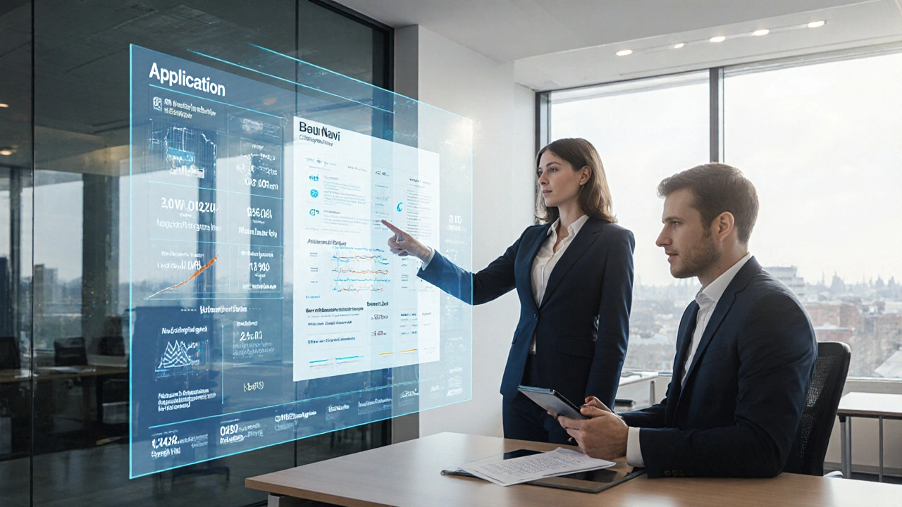 Moderne Bauverwaltung mit digitaler Antragsübersicht und automatisierter Nachbarnbenachrichtigung auf einem Tablet.
