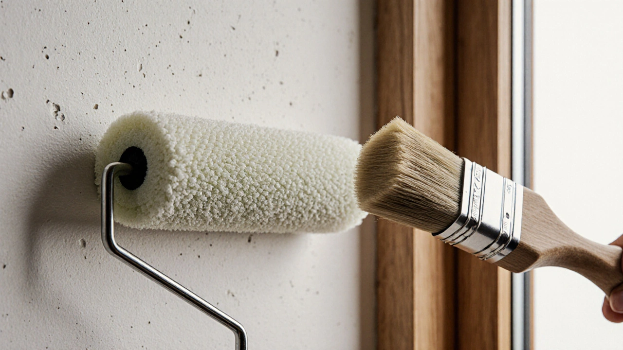 Nahansicht einer Mikrofaser-Walze auf glatter Wand und Biberschwanz-Pinsel an Holzleiste.