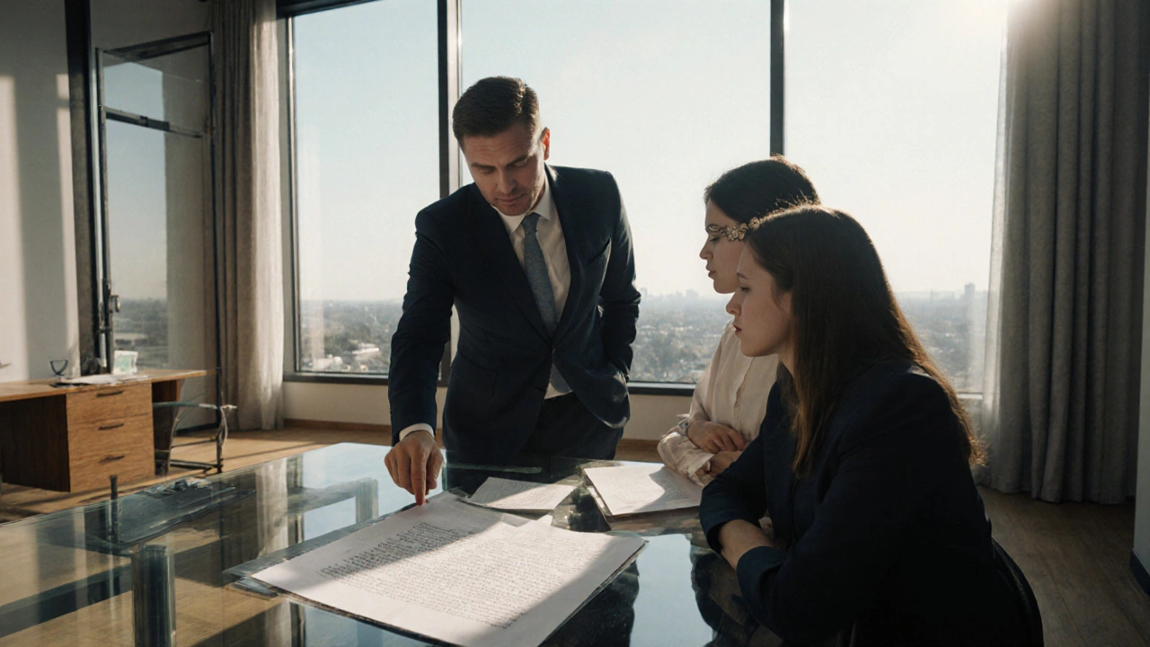 Notar erklärt einem Paar einen Immobilienkaufvertrag in einem modernen Notariat.