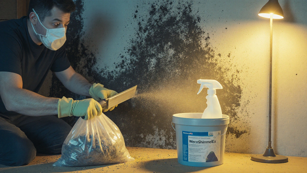 Person entfernt Schimmel mit Schaber und Antischimmelspray unter Schutzkleidung