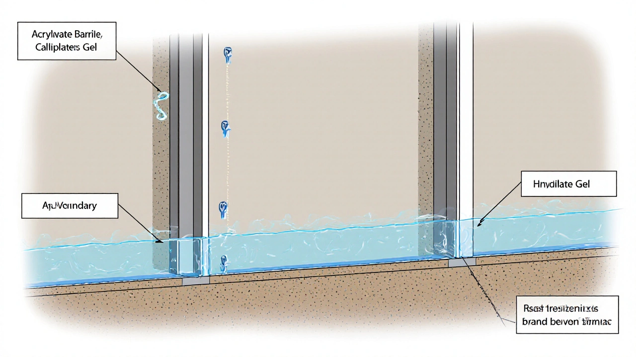 Querschnitt einer Kellerwand mit eingespritztem Gel, das sich in Kapillaren ausbreitet.