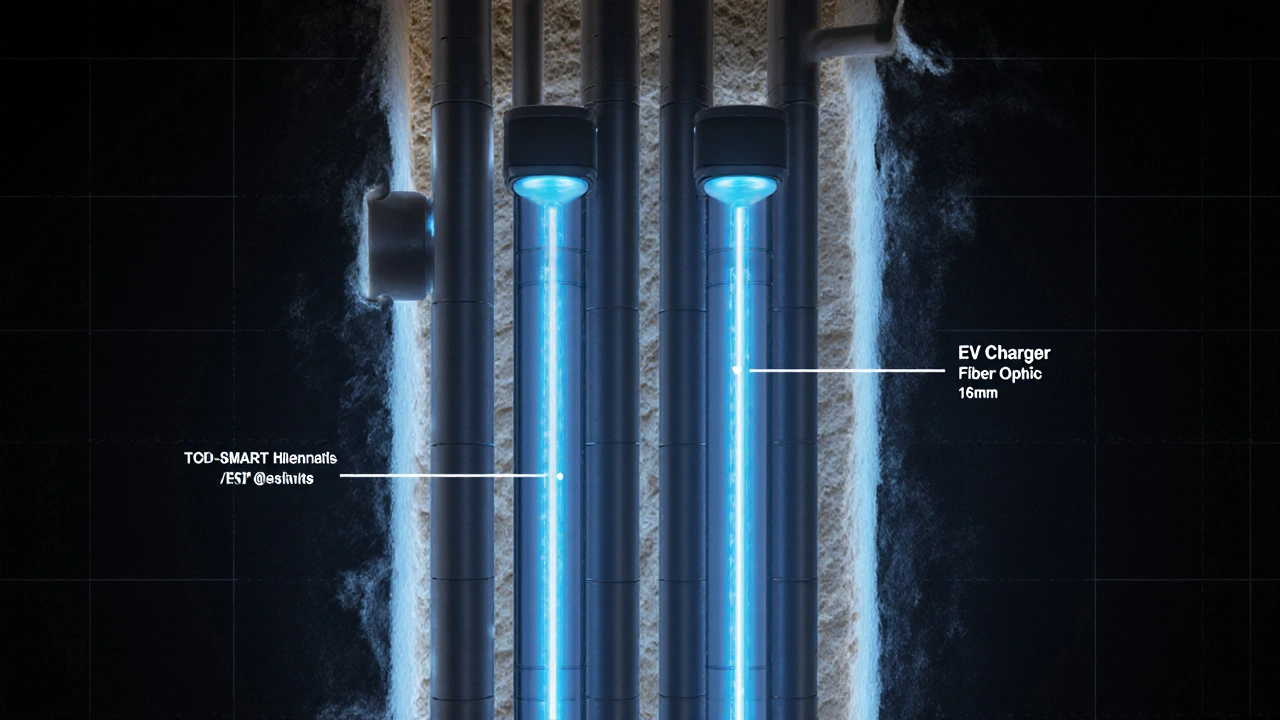 Querschnitt einer Wand mit drei Leerrohren, die zukünftige Technologien wie Smart Home und Glasfaser symbolisieren.