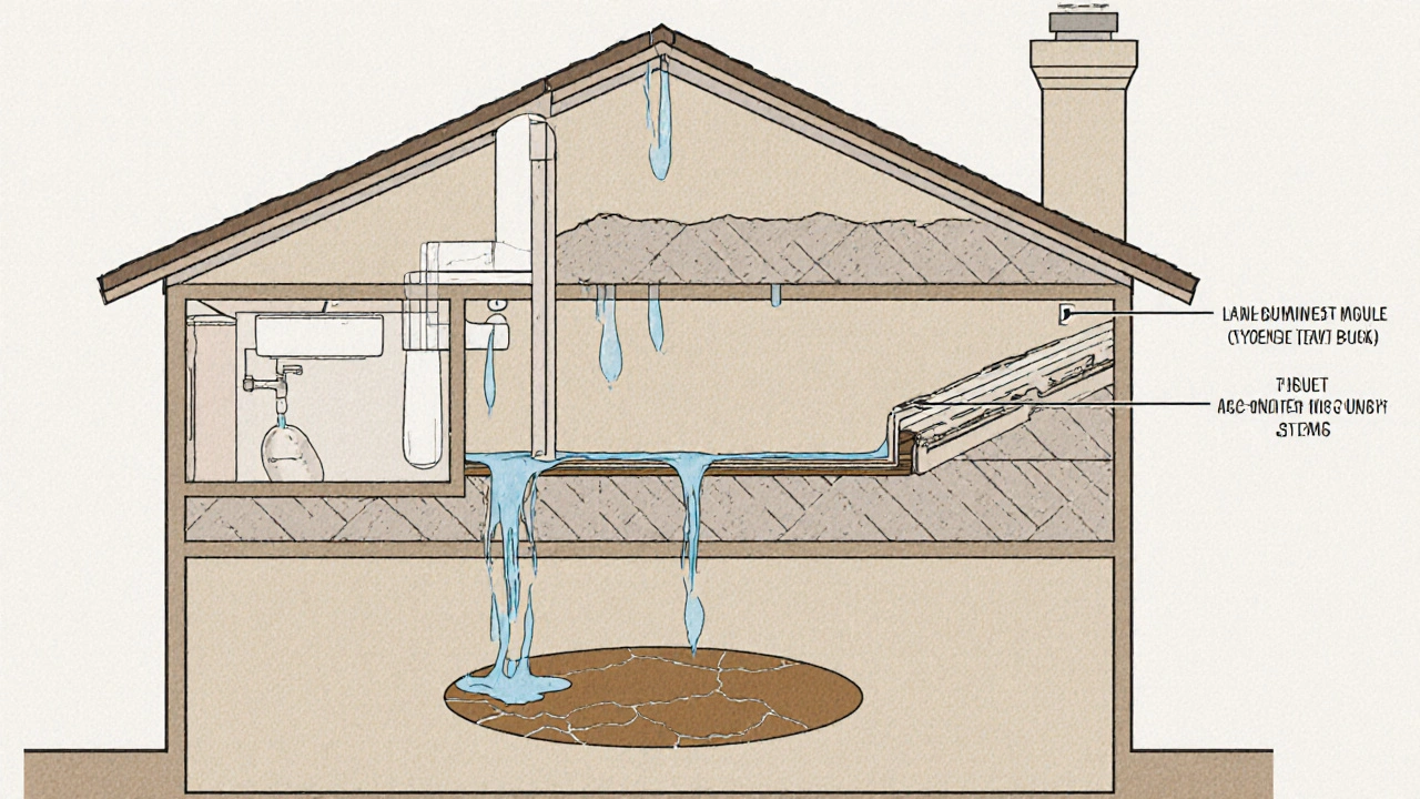 Querschnitt eines Hauses mit drei Wasserlecks, die auf eine Deckenbeschädigung zulaufen.