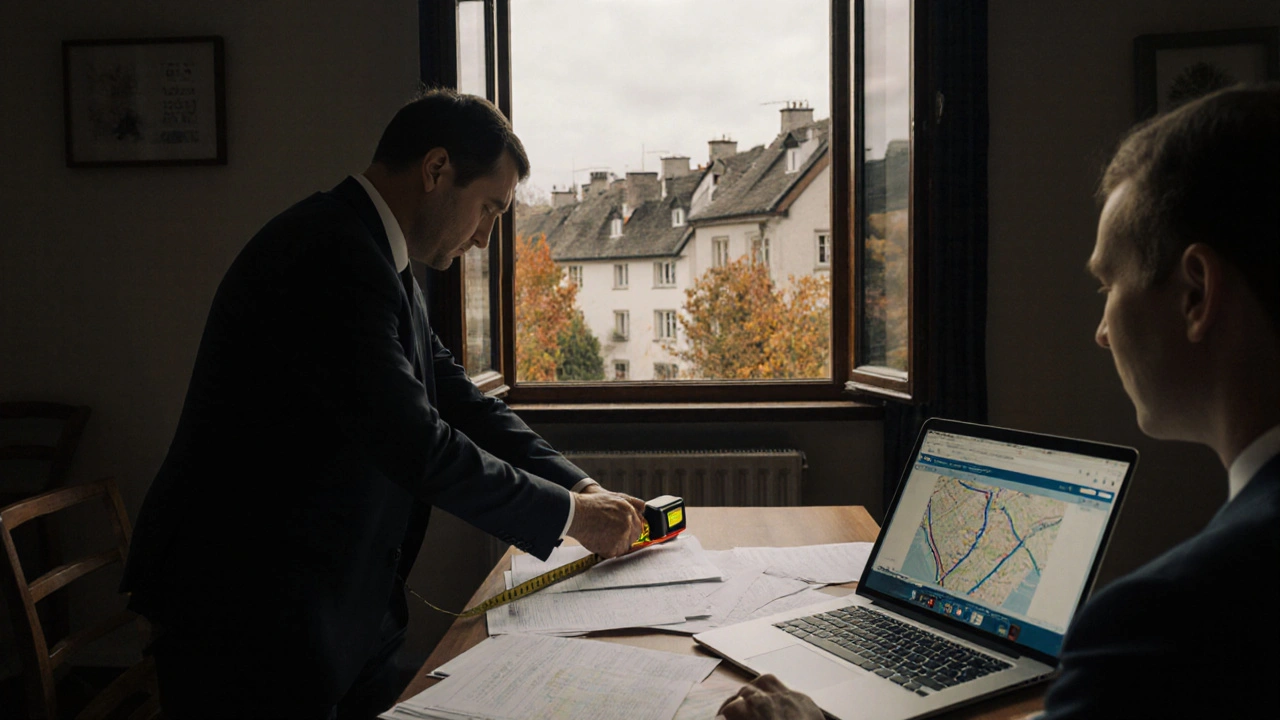 Sachverständiger misst Wohnfläche in einem ererbten Haus, Steuerberater prüft Unterlagen.