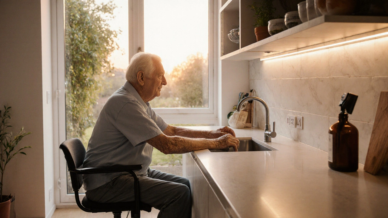 Senior in der Küche mit höhenverstellbarer Arbeitsfläche und Blick auf den Garten.