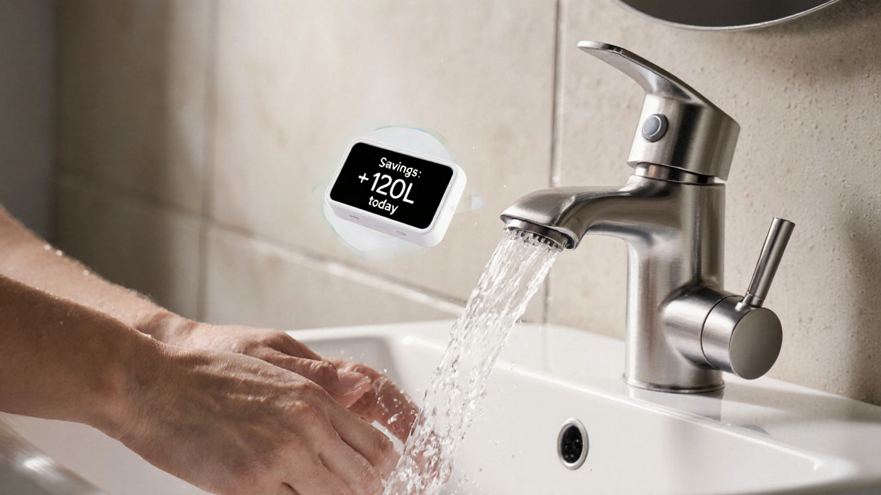 Sensor-Waschbecken mit sanftem Wasserfluss und digitaler Einsparanzeige, Hände unter dem Wasserstrahl.