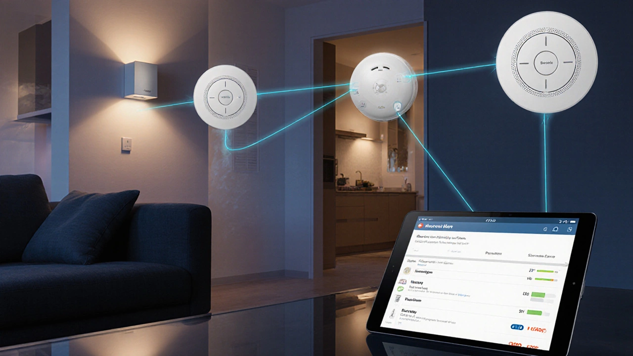 Smartes Gateway und vernetzte Rauchmelder in einem deutschen Haus, App zeigt Raumstatus auf Tablet.