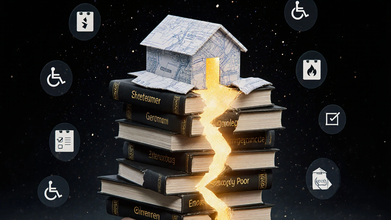 Stapel von 16 Landesbauordnungen bricht unter dem Gewicht eines Bauplans, digitale Symbole schweben um ihn herum.