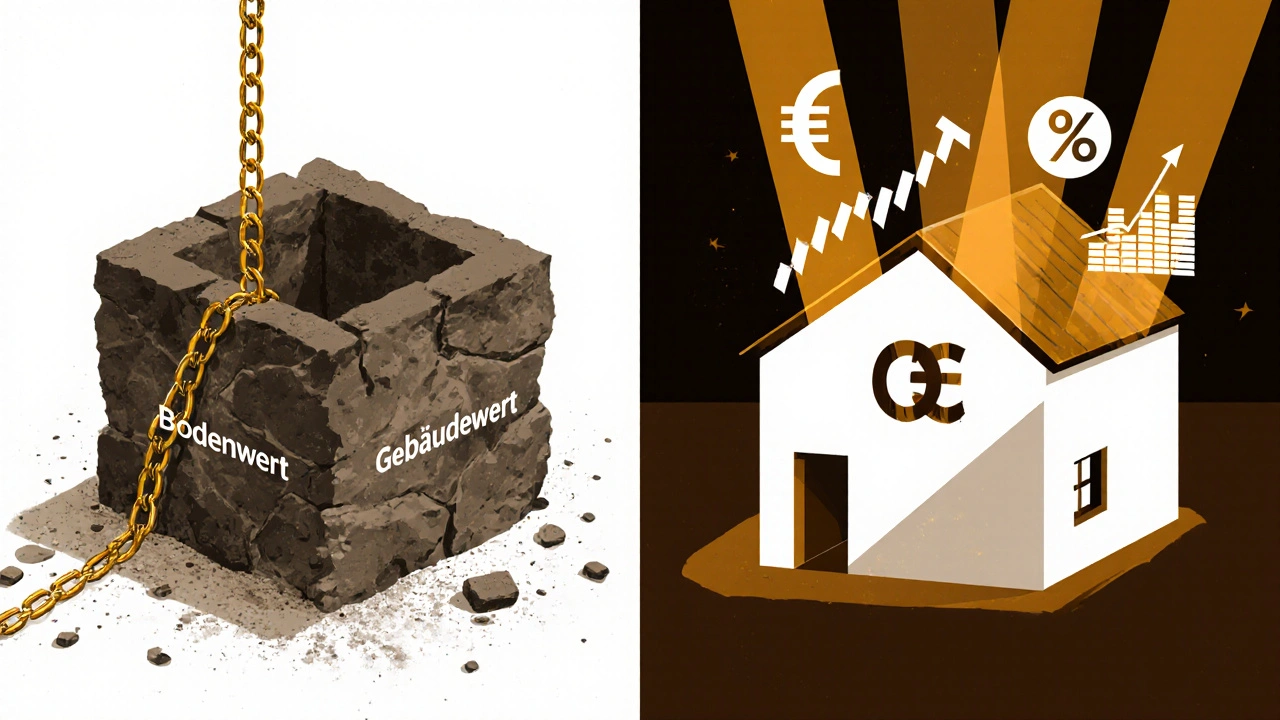 Symbolische Aufteilung eines Grundstücks in Bodenwert (schwer) und Gebäudewert (lichtvoll).