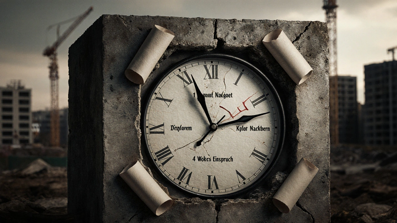 Symbolischer Zeitmesser mit rechtlichen Fristen als Zeiger, eingebettet in eine Baugrube.