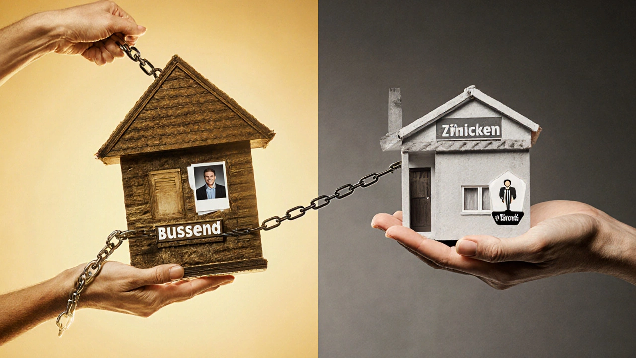 Symbolisches Bild: Ein Haus wird von rechtlichen Ketten weggezogen, während ein anderes mit Fotos und 3D-Tour vermietet wird.