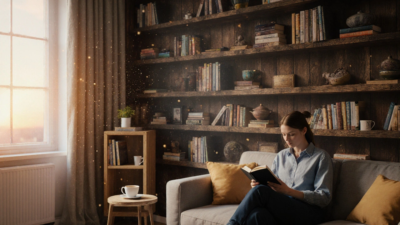 Täuschend echte Bücherregal-Tapete neben echtem Regal mit Buch und Tasse, abends beleuchtet, Person liest auf Sofa.