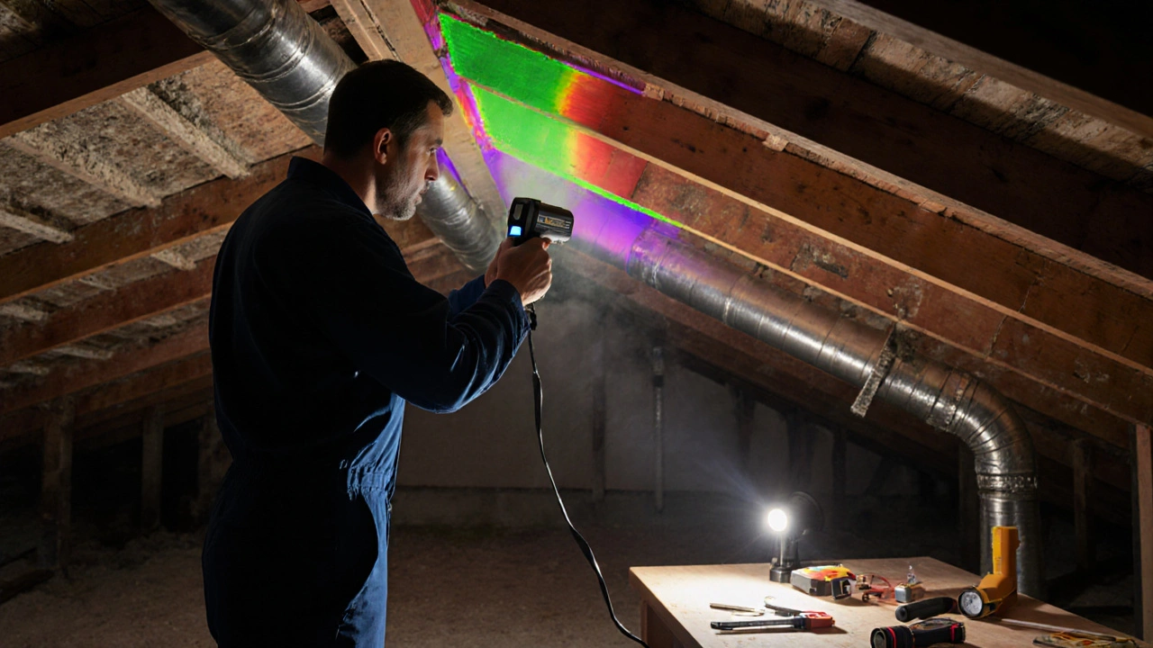 Techniker mit Wärmebildkamera untersucht Feuchtigkeit in der Decke eines Dachbodens.