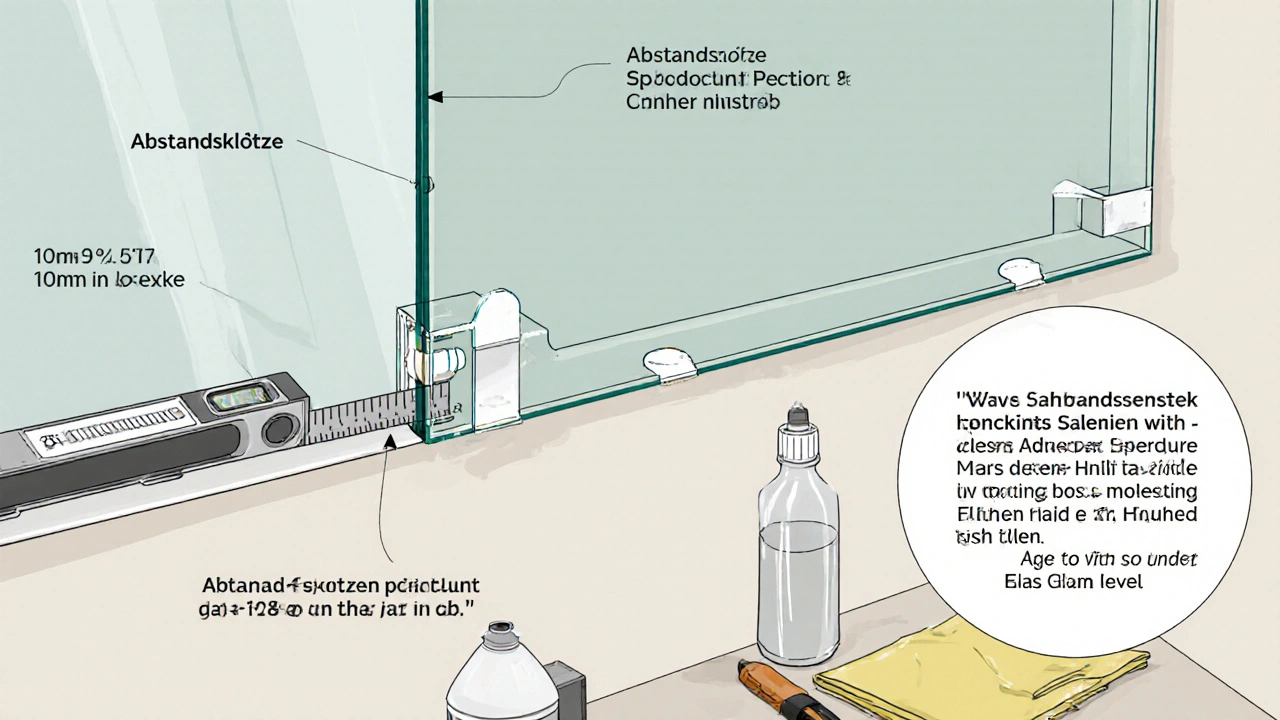 Technische Darstellung der Montage von ESG-Glas mit Silikontropfen und Abstandsklötzen.