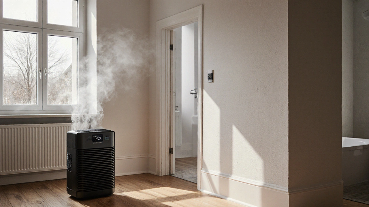 Trockene, belüftete Wohnung mit Entfeuchter und antischimmelbeschichteter Wand