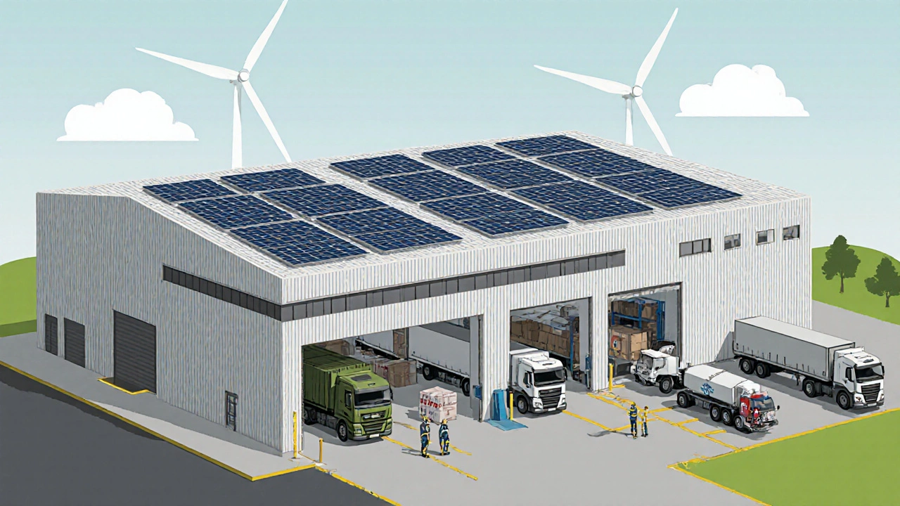 Umnutzung einer Industriehalle in Hamburg für Logistik und Militär mit Solaranlagen und elektrischen LKWs.
