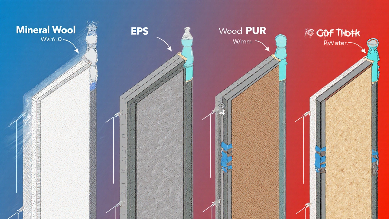 Vergleich der Wärmeleitfähigkeit von vier Fassadendämmstoffen in technischer Zeichnung.