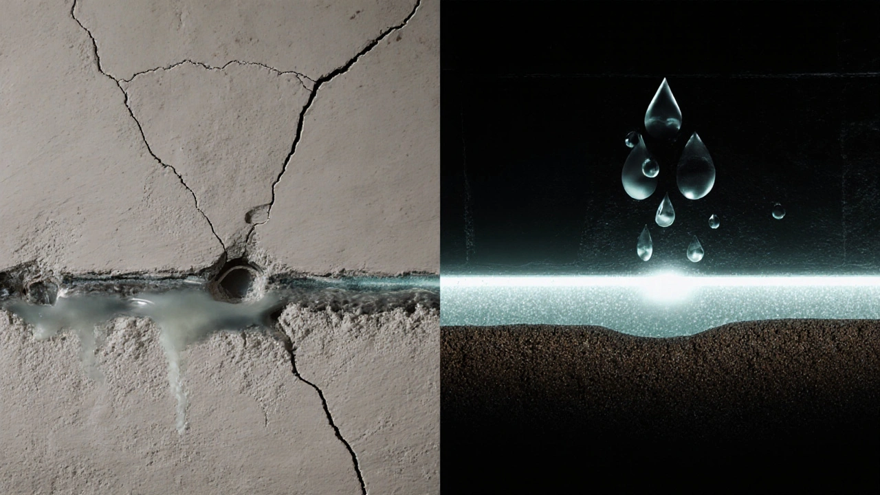 Vergleich: erfolglose und erfolgreiche Injektionsabdichtung einer Kellerwand.