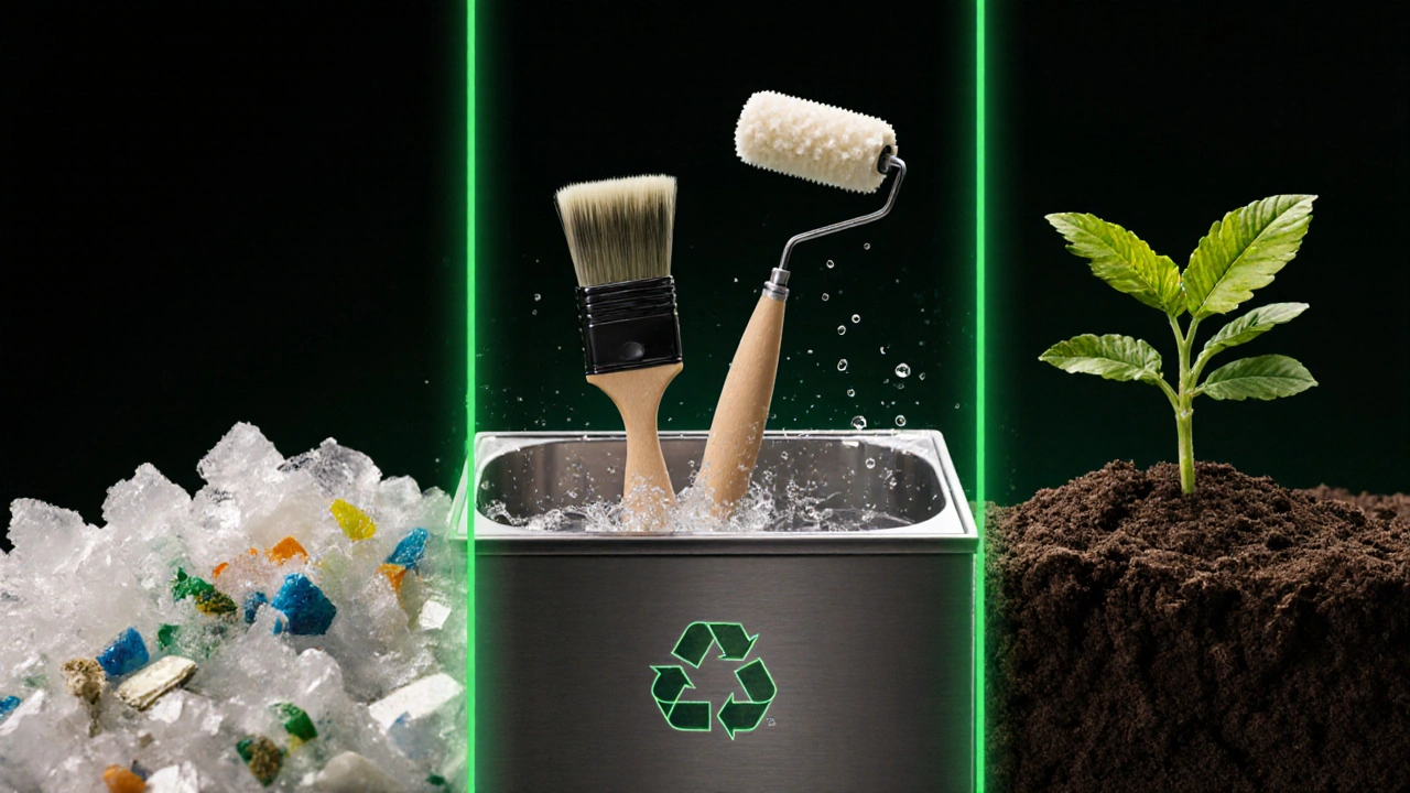 Vergleich von verschmutzten Werkzeugen, Reinigung und biologisch abbaubaren Materialien.