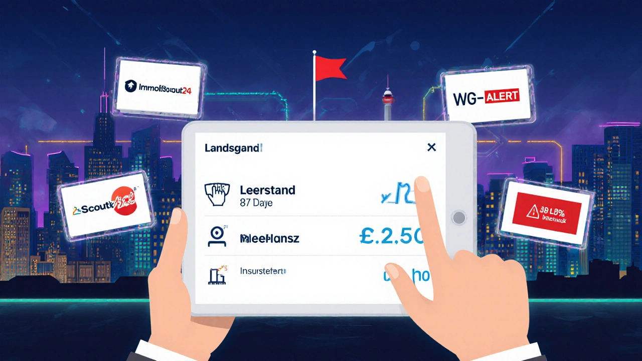 Vermieter mit Tablet, das Leerstandszeit, Mietverlust und Vermietungsplattformen in Echtzeit anzeigt, moderne digitale Oberfläche.