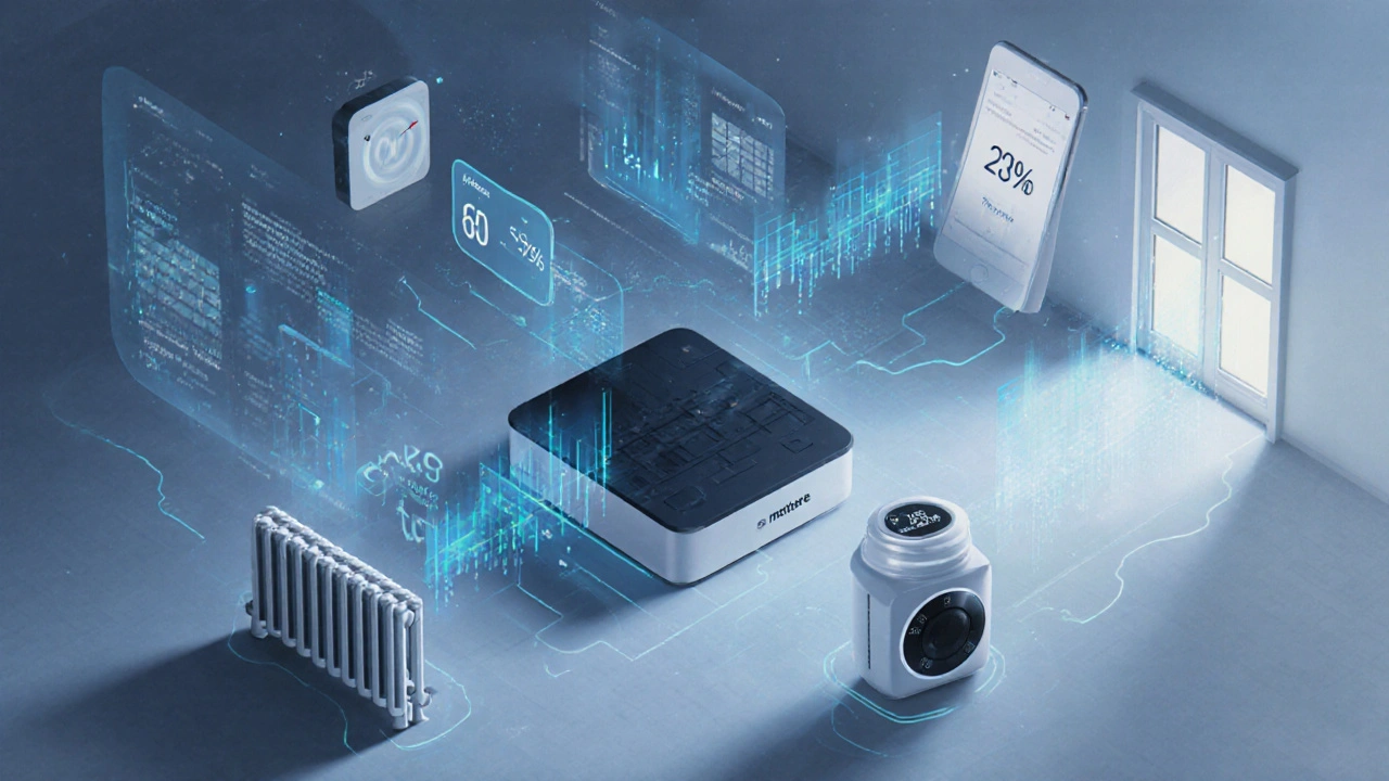 Vernetztes Smart-Home-System mit Thermostaten, die automatisch Temperatur und Energieverbrauch anpassen.