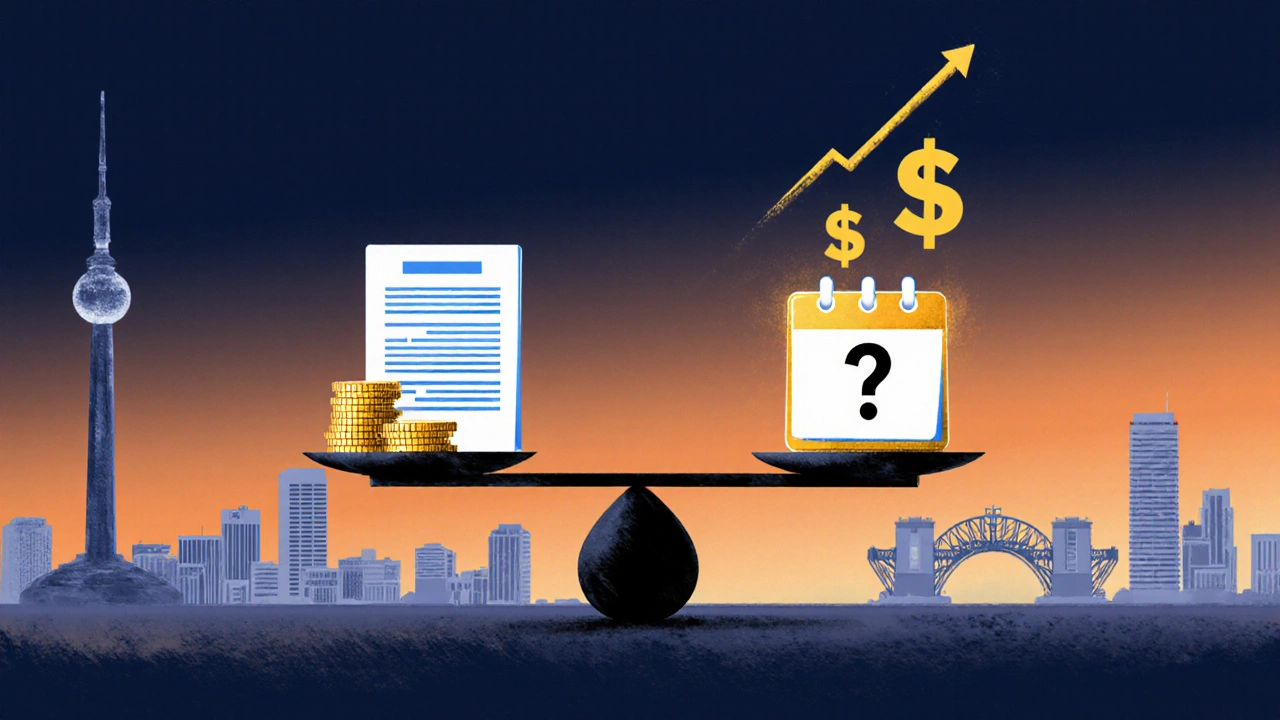 Waage mit Devisenforward und Option als symmetrische Finanzinstrumente, abstrakt dargestellt.