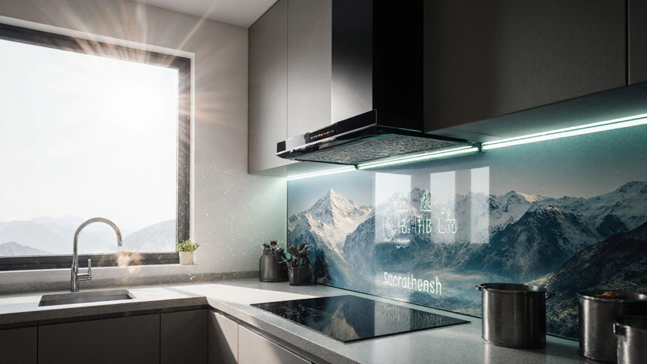 Zukünftige selbstreinigende Glasrückwand mit integrierter Beleuchtung und individuellem Motiv.