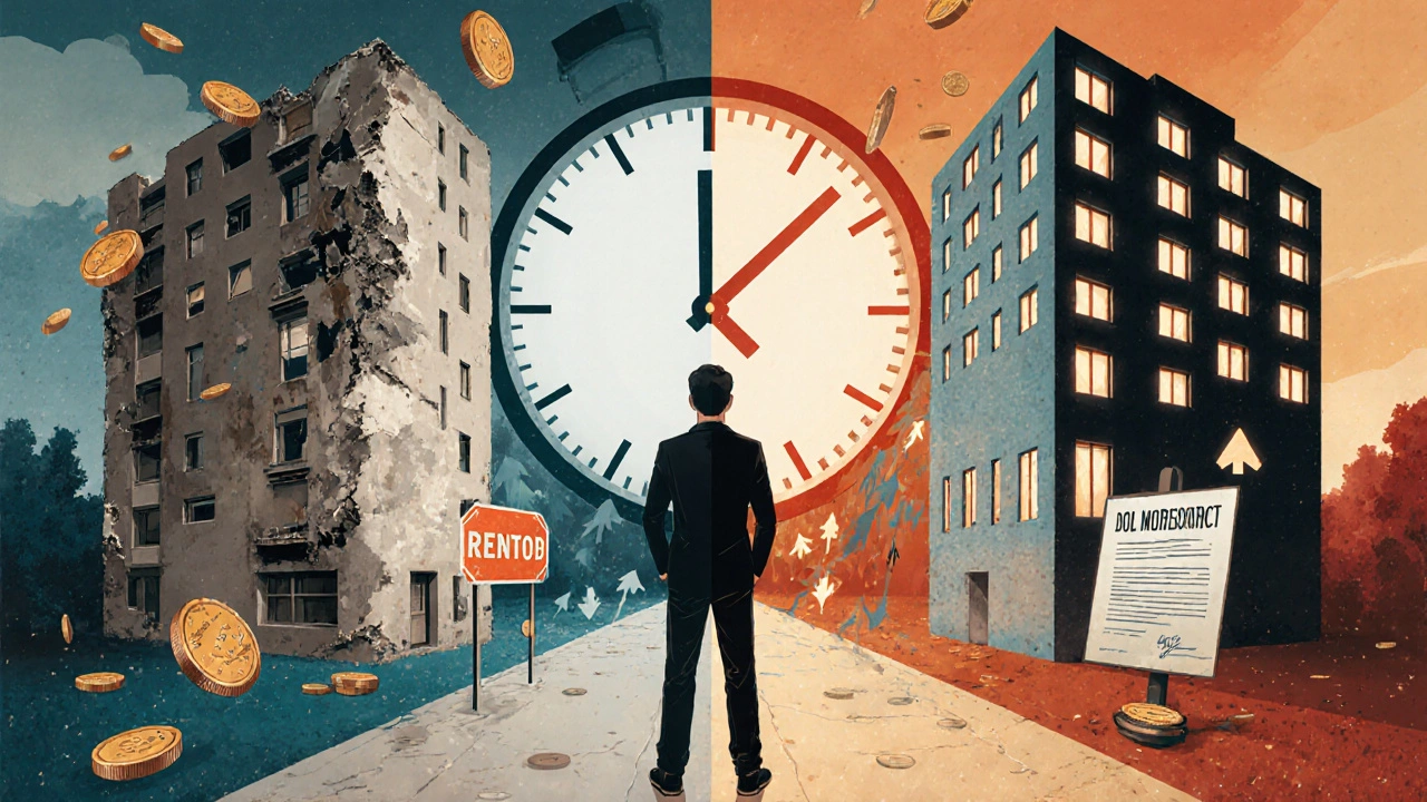 Zwei Wege: ein verfallenes Haus versus ein energieeffizientes Neubauhaus mit steigenden Mieten.