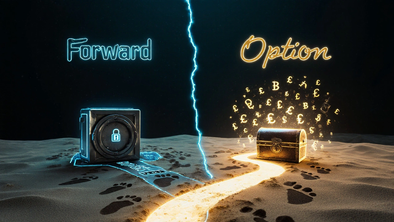 Zwei Wege: festes Forward-Pfad vs. flexibler Option-Pfad mit wechselnden Währungssymbolen.