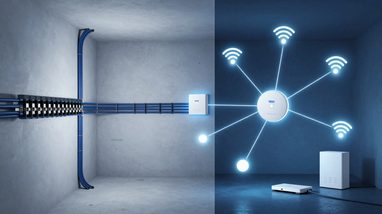 Aufgeschnittenes Hausmodell mit geschirmten Datenkabeln und einem Thread-Mesh-Netzwerk zwischen Geräten.