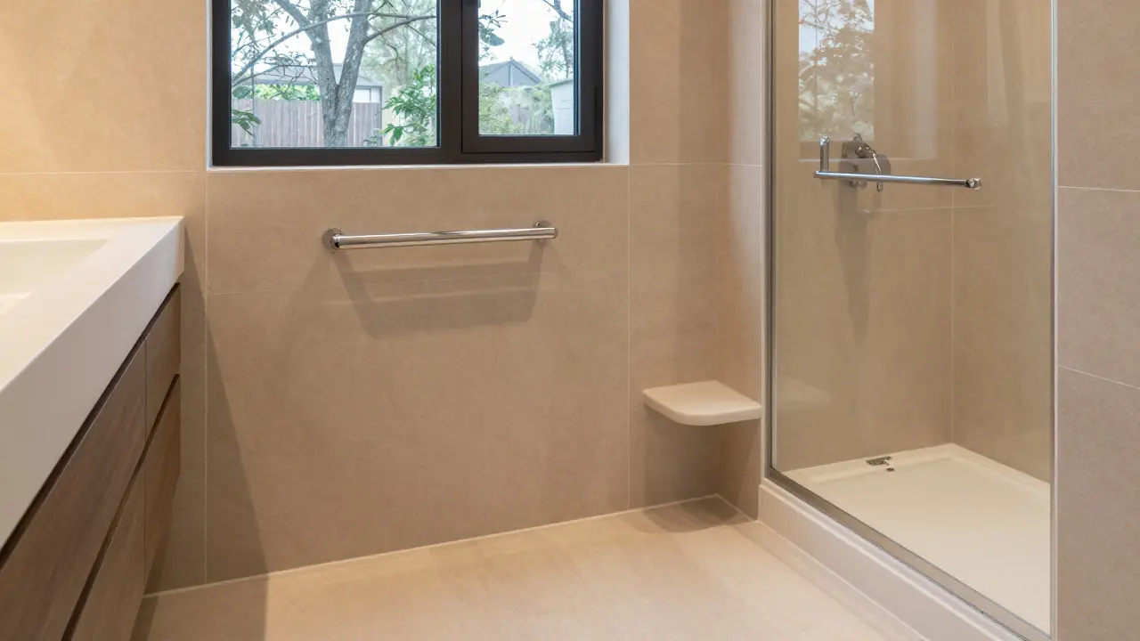 Barrierefreies Badezimmer mit integrierten Haltegriffen und sitzender Dusche in harmonischem Design.