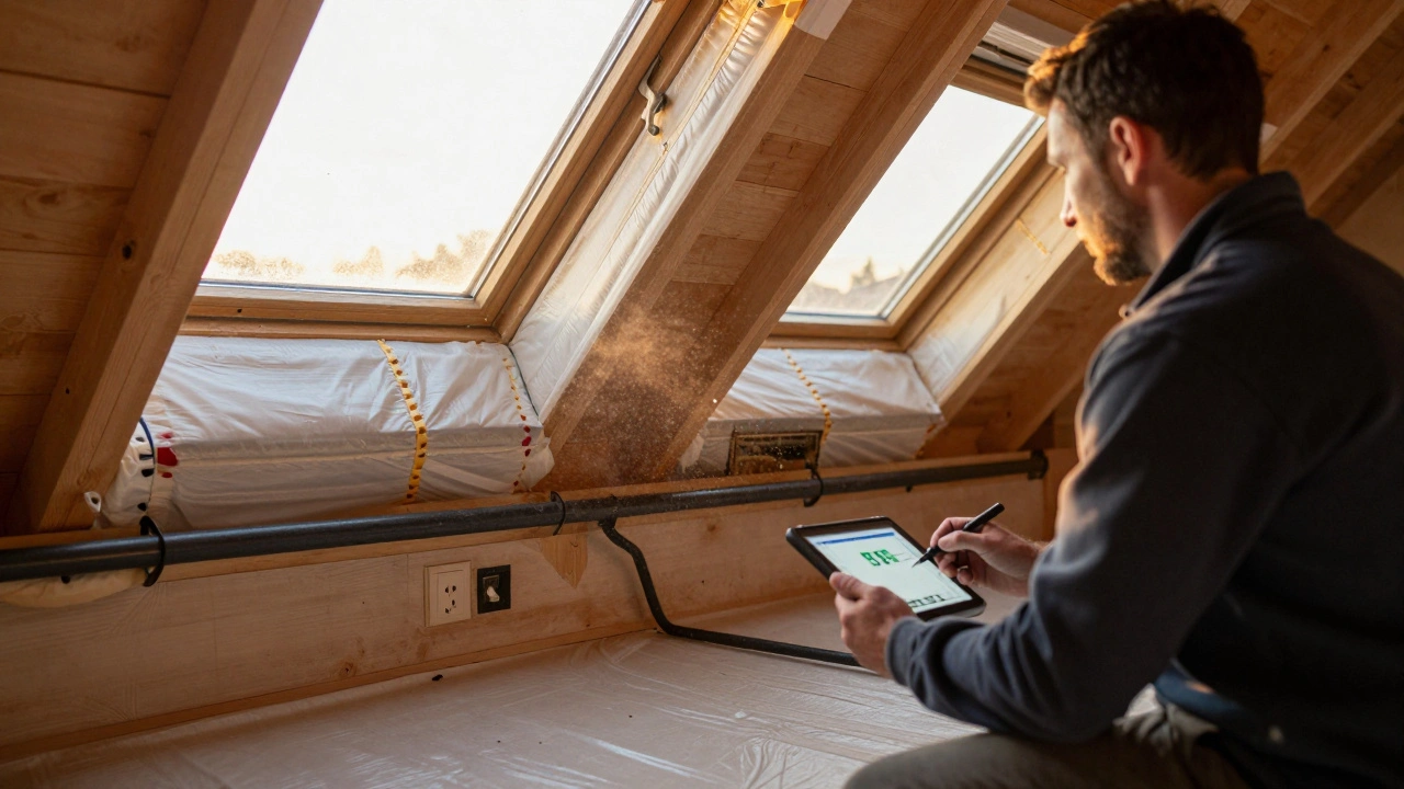 Bauexperte führt einen Luftdichtheitstest im Dachgeschoss durch, während die Dampfbremse rund um Fenster und Steckdosen dicht verklebt ist.