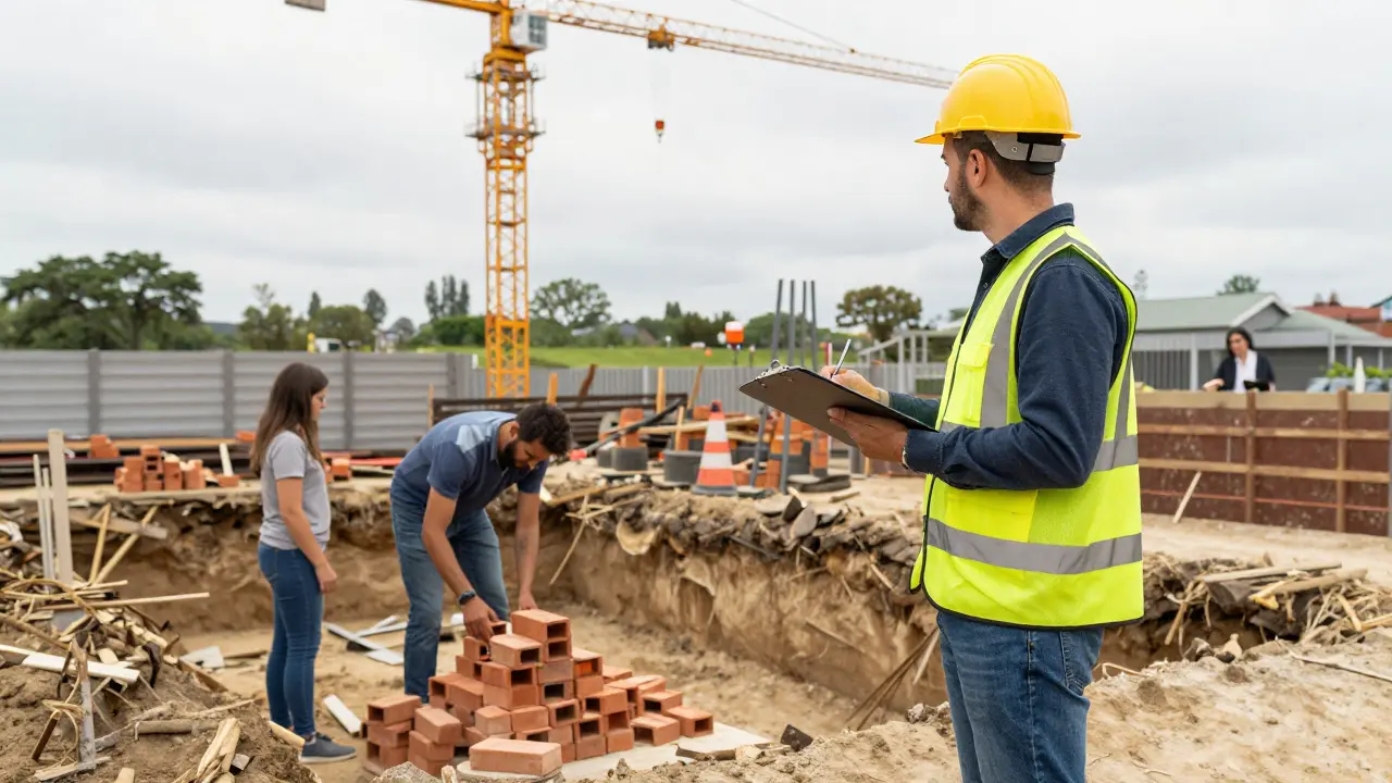 Bauherr mit Familie auf Baustelle, unsichere Baugrube im Hintergrund, Kran mit Warnlicht und neugieriger Nachbar.