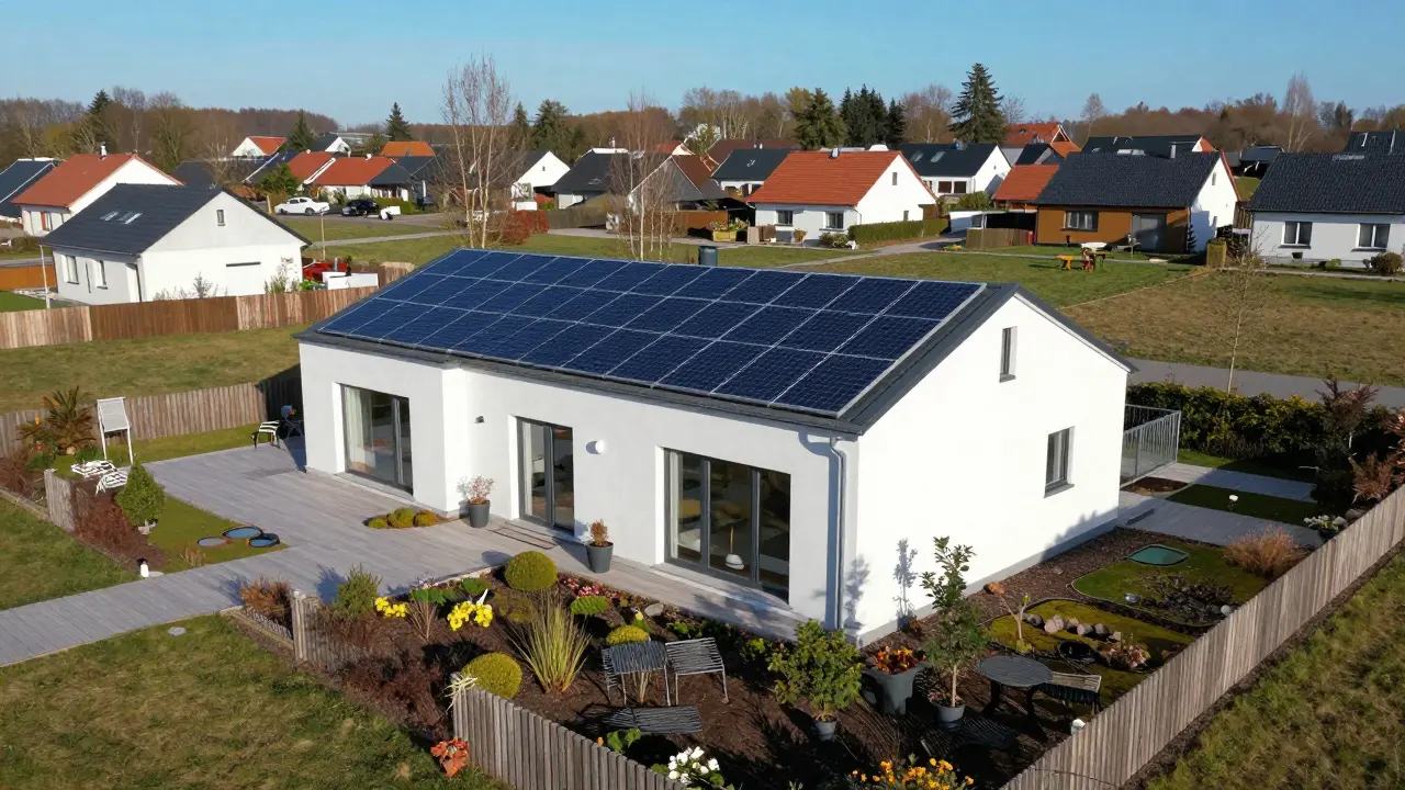 Draufsicht auf einen energieeffizienten Bungalow mit photovoltaikbedecktem Dach und umgebendem Garten.