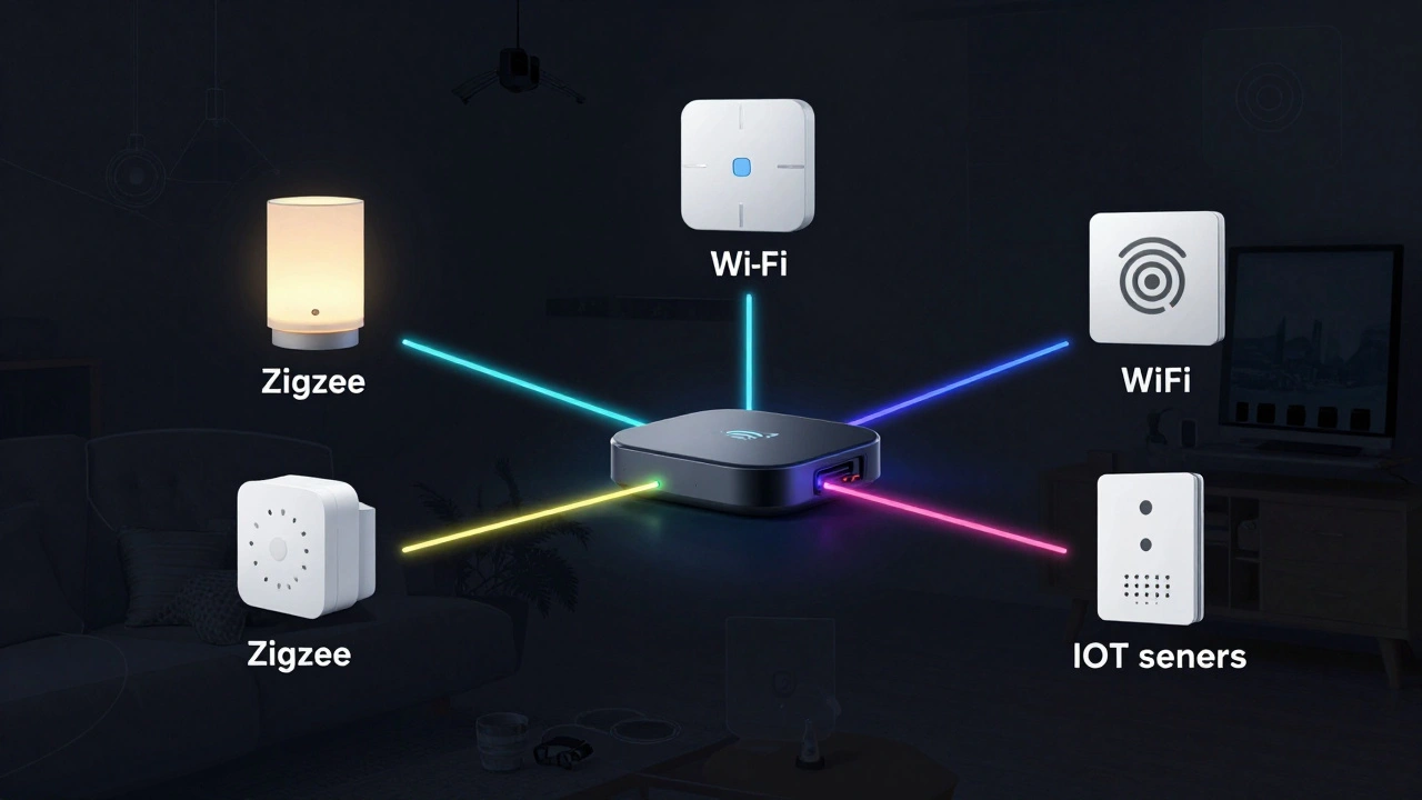 Drei farbige Netzwerke verbinden sich in einem zentralen Hub, symbolisieren Smart-Home-Integration.