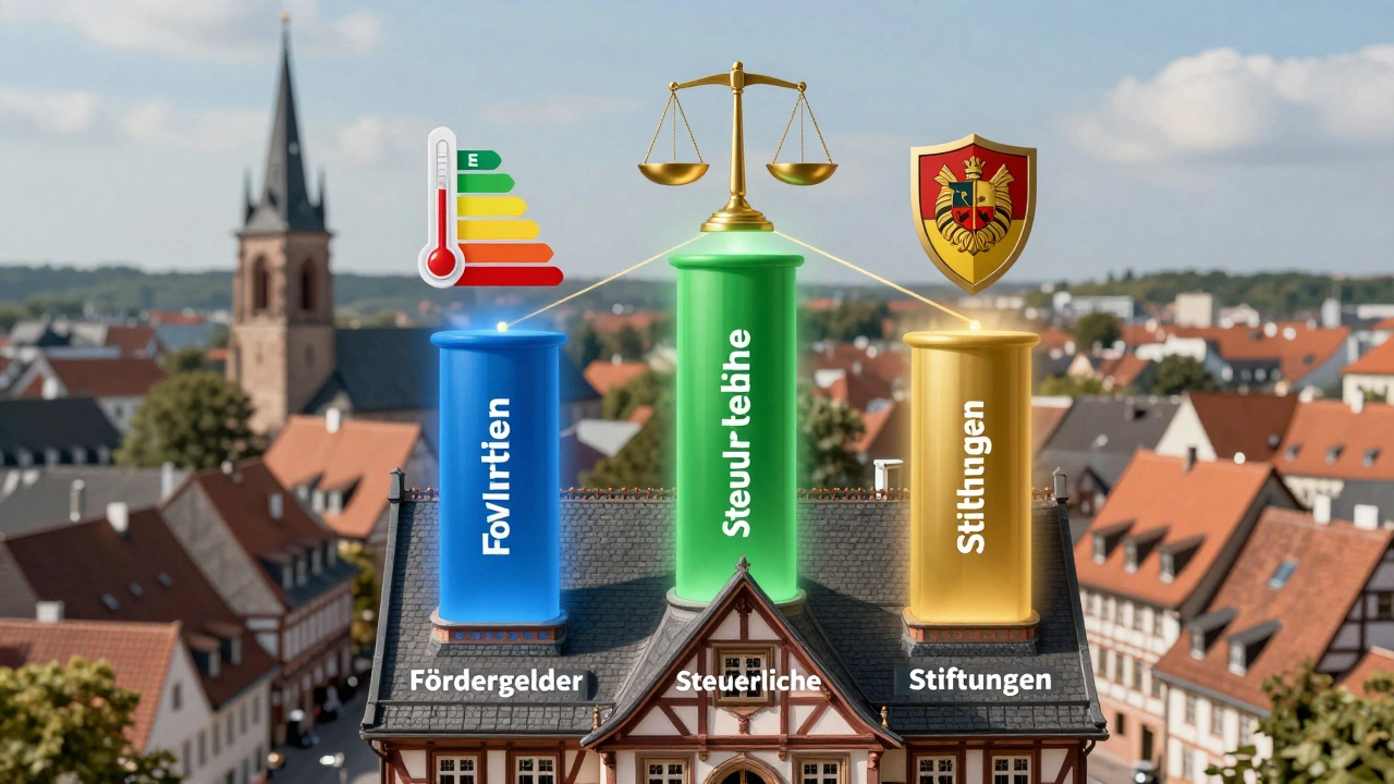 Drei Förderpfeiler — Gelder, Steuervorteile, Stiftungen — stützen ein denkmalgeschütztes Haus mit symbolischen Energie- und Steuersymbolen.