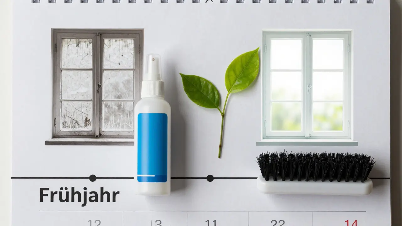 Drei Wartungswerkzeuge liegen neben einem Kalender mit Frühjahrsmarkierung und Lebensdauer-Graphik.