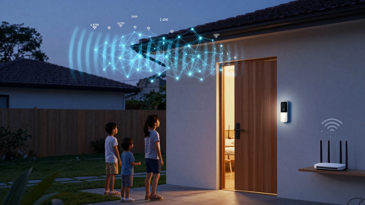 Familie betritt Haus, während automatisierte Smart-Home-Geräte aktiv werden, unterstützt von unsichtbarem Matter-Netz.