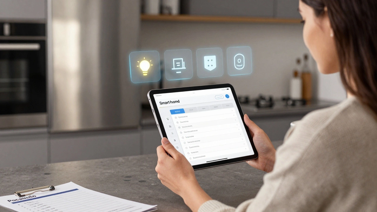 Frau prüft mit Tablet eine digitale Smart-Home-Checkliste in einer modernen Küche.