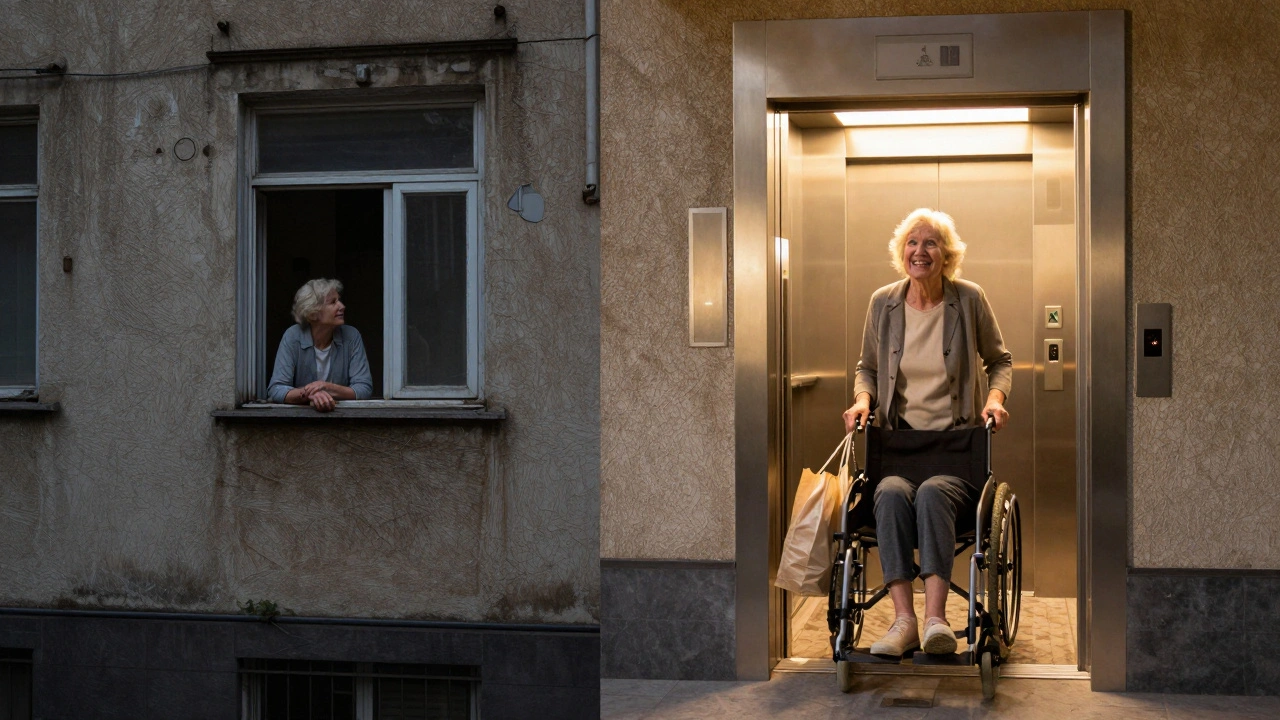 Gegenüberstellung: allein auf dem Balkon vs. glücklich im Aufzug – Transformation durch Barrierefreiheit.